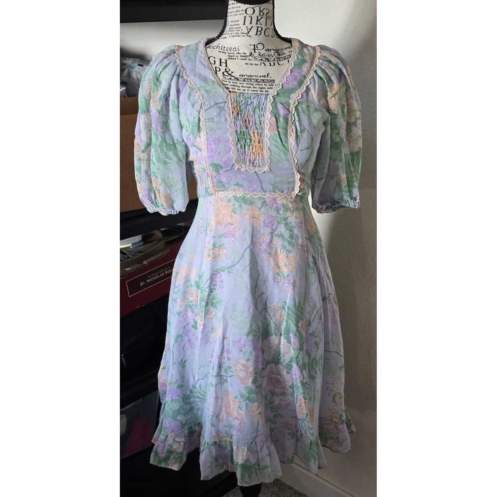 Jody of California Dress Womens XS Purple Vintage 70s Floral Prairie Cottagecore